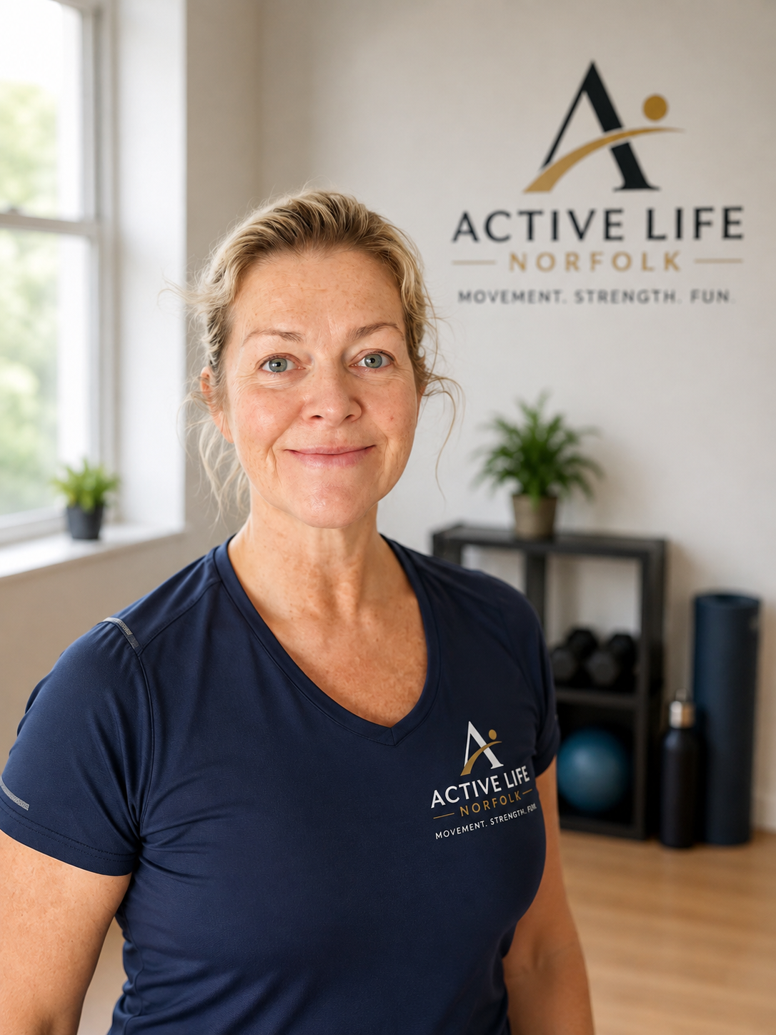 Julia, the ActiveLifeNorfolk instructor, smiling in a bright studio beside the Active Life Norfolk logo