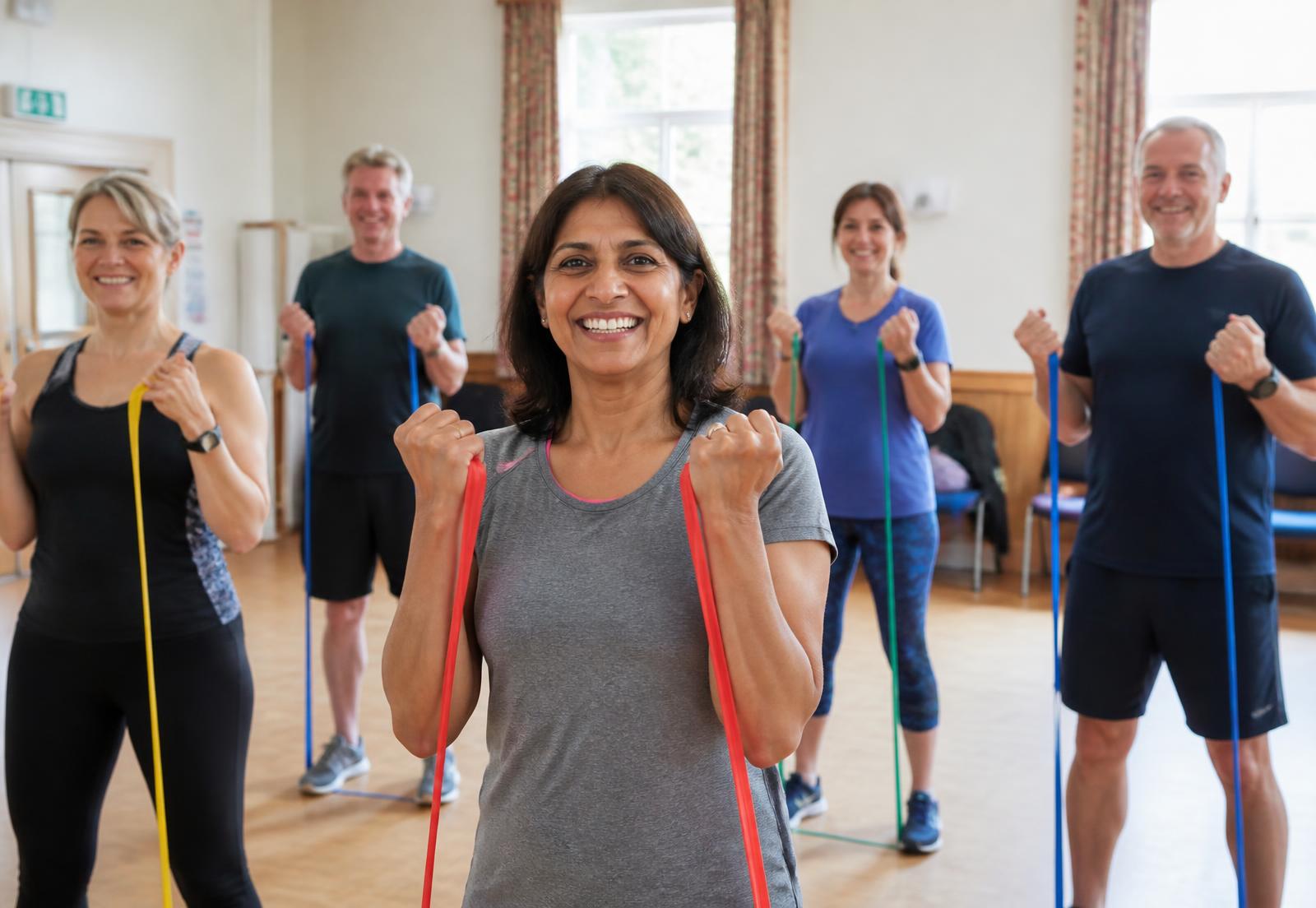 A group of smiling adults exercising together with resistance bands in a bright community hall